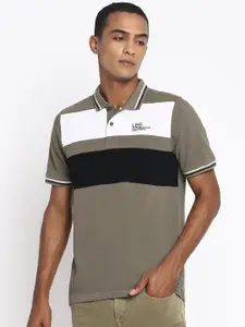 Lee Men Olive Green Striped Polo Collar Slim Fit T-shirt