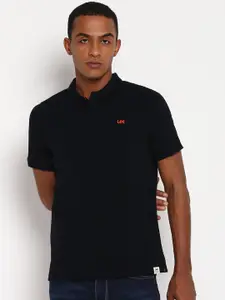 Lee Men Black Solid Polo Collar Cotton T-shirt