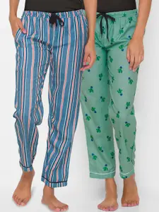 FashionRack Women Navy Blue & Green Pack of 2 Printed Lounge Pants