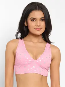 N-Gal Pink & Silver Polka Dot Foil Print Crop Top Bralette Slip On Bra