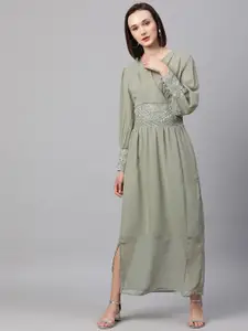 FASHOR Women Green Embellished Maxi Dress With Embroidered Detail