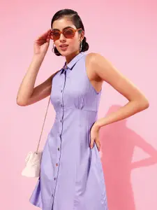 DressBerry Women Elegant Lavender Solid 70's Mini Dress
