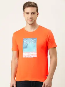 Flying Machine Men Coral & Blue Printed Pure Cotton Slim Fit T-shirt