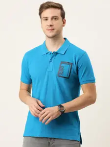 Flying Machine Men Blue & Black Varsity Printed Polo Collar Pure Cotton Slim Fit T-shirt