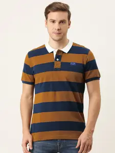 Flying Machine Men Rust Brown & Navy Blue Striped Polo Collar Slim Fit Cotton T-shirt