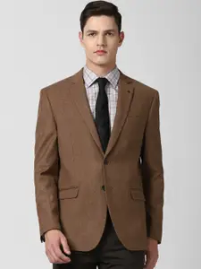 Van Heusen Men Brown Textured Slim-Fit Pure Wool Single-Breasted Winter Formal Blazer