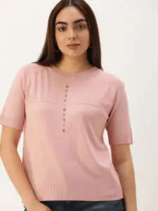SHECZZAR Women Pink Solid Applique Detail T-shirt