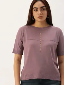 SHECZZAR Women Mauve Solid Applique Detail T-shirt