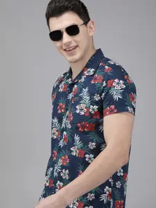 THE BEAR HOUSE Men Navy Blue & Red Slim Fit Tropical Print Cotton Casual Shirt