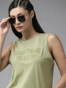 Roadster Women Sage Green Typography Self Design Pure Cotton T-shirt