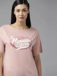 Roadster Women Dusty Pink Typography Printed Drop-Shoulder Sleeves Pure Cotton T-shirt