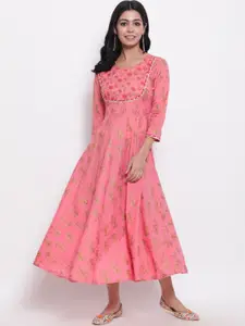 GLAM ROOTS Pink Floral Cotton Midi Dress
