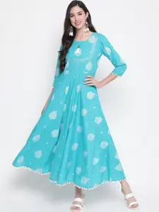 GLAM ROOTS Turquoise Blue Ethnic Motifs Cotton Maxi Dress