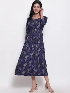 GLAM ROOTS Blue Floral Ethnic Midi Dress