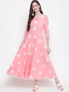 GLAM ROOTS Pink Printed Cotton Ethnic Maxi Dress