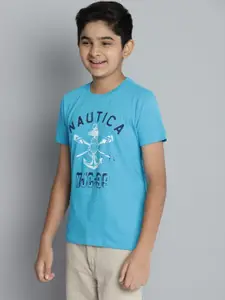 Nautica Boys Blue & White Brand Logo Print Pure Cotton T-shirt