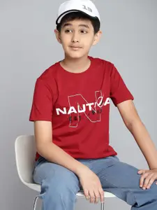 Nautica Boys Red & White Pure Cotton Brand Logo Print T-shirt