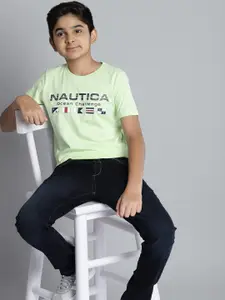 Nautica Boys Green & Navy Blue Typography Printed Cotton T-shirt