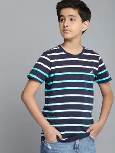 Nautica Boys Navy Blue Striped Round Neck Embroidered Pure Cotton T-shirt