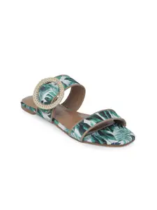 Call It Spring Women Green Printed Open Toe Flats With Buckles