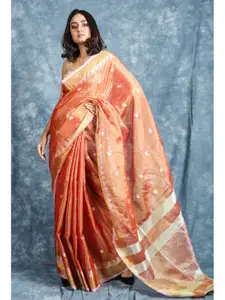 Charukriti Orange & Silver-Toned Woven Design  Handloom Tissue Saree