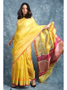 Charukriti Yellow & Pink Woven Design Zari Border Tissue Handloom Saree