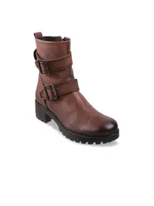 Metro Tan Brown Block Heeled Boots with Buckles