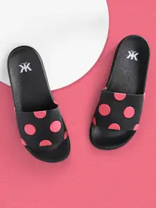 Kook N Keech Kook N Keech Women Black & Pink Polka Dot Embossed Sliders