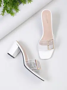 Bruno Manetti White & Transparent Embellished PU Open-Toe Block Sandals