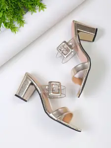Bruno Manetti Gold-Toned & Transparent PU Block Sandals with Buckles