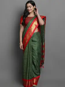 KALINI Green & Red Checked Zari Saree