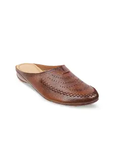 Metro Women Rust Textured Leather Mules with Laser Cuts Flats
