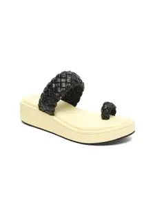 Bruno Manetti Yellow & Black Textured PU Platform Heels Sandals