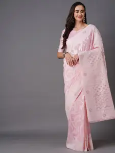 Mitera Pink & Silver-Toned Floral Zari Silk Blend Banarasi Saree