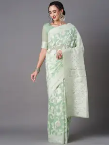 Mitera Green & White Floral Silk Blend Banarasi Saree