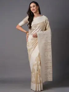 Mitera Cream-Coloured & Silver-Toned Floral Silk Blend Banarasi Saree