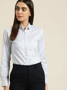 Hancock Women White & Blue Striped Pure Cotton Slim Fit Formal Shirt