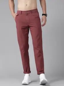 Roadster Men Rust Red Pure Cotton Solid Regular Fit Trousers