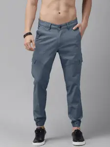 The Roadster Lifestyle Co Men Blue Solid Mid-Rise Regular Fit Joggers Trousers