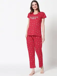 Zeyo Women Red & White Printed Pure Cotton Night suit
