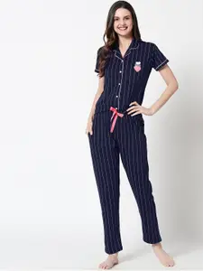 Zeyo Women Navy Blue & Pink Striped Pure Cotton Night suit