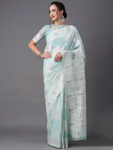 Mitera Sea Green & Silver-Toned Woven Design Zari Silk Blend Banarasi Saree