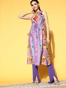 Moda Rapido Women Purple & Yellow Ethnic Motifs Printed Straight Kurta