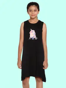 YK Girls Black & Cream-Coloured Graphic Print A-Line Dress