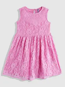 YK Girls Pink Floral Lace Fit & Flare Knee Length Dress