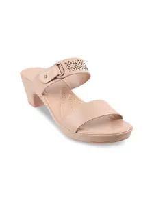 Mochi Women Peach-Coloured Block Heels with Laser Cuts