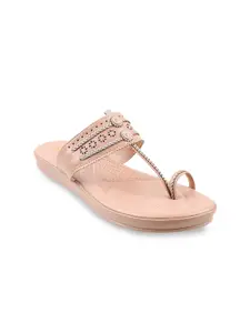 Mochi Women Peach-Coloured One Toe Flats with Laser Cuts