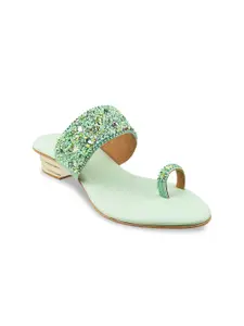 Mochi Green Embellished Block Sandals