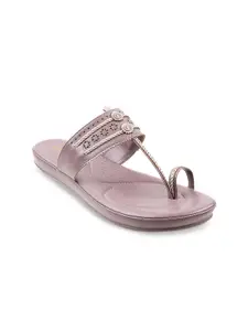 Mochi Women Lavender Embellished Leather Ethnic One Toe Flats with Laser Cuts