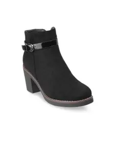 Mochi Black Solid Block Heeled Boots with Buckles